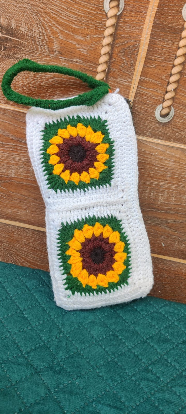 Solura Handmade Crochet Sunflower Mobile Sling Bag | Handcrafted Crossbody Phone Pouch | Eco-Friendly Crochet Shoulder Bag