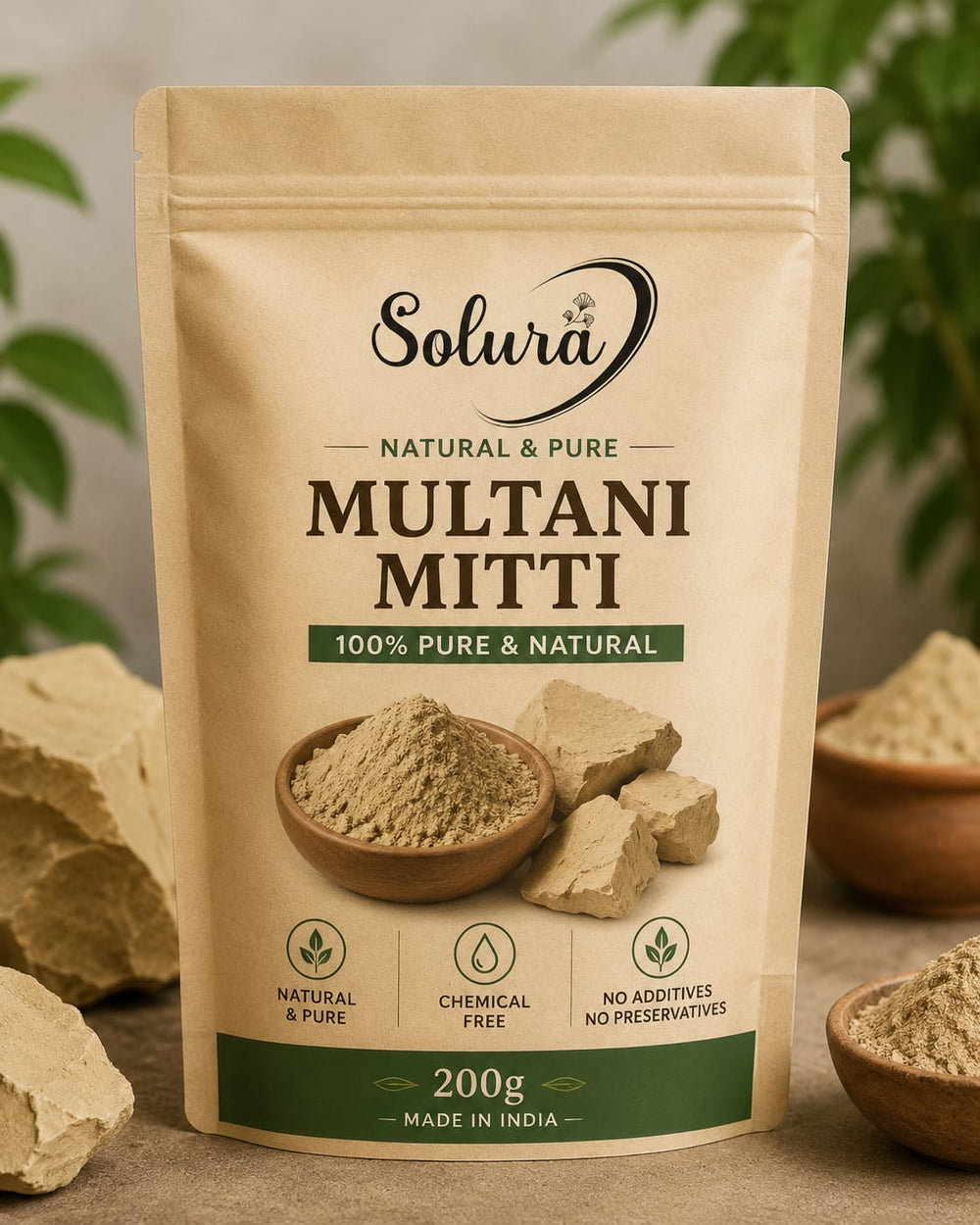 Solura Natural & Pure Multani Mitti Powder | 100% Pure Fuller's Earth | Chemical-Free Face & Body Care | 200g